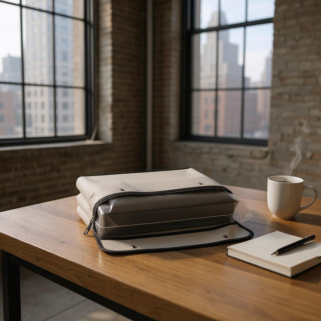 Fire proof bag sitting on table with important document storage box inside. 