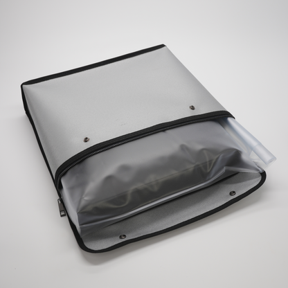 Top zipper opening creating a secure pouch to store document storage box inside a water proof bag.